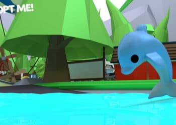 A playful blue dolphin leaps from the water in a bright forest scene in Roblox's "Adopt Me!" with the game logo in the top left corner.